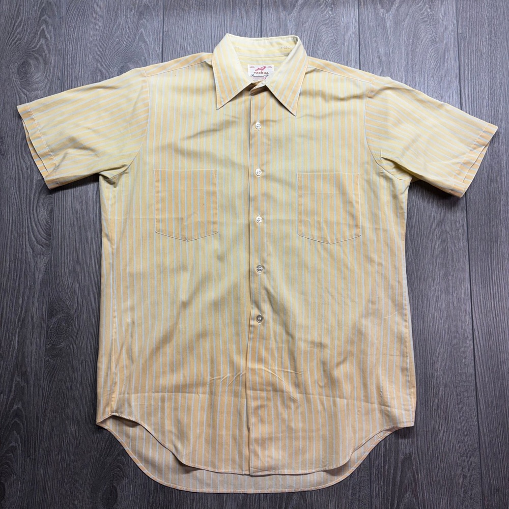 Vintage 70s Forsyth Tacoma Yellow Striped Button Up Shirt Mens 15.5 Medium Short